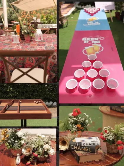 This bohemian-themed Haldi in Jaipur featured autumn-toned florals and interactive games like beer pong and carrom, creating a laid-back and fun atmosphere.