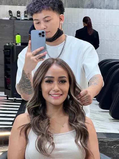 A selfie with a client who is thrilled with her new balayage. My goal is always to create hair that makes you feel confident and beautiful.