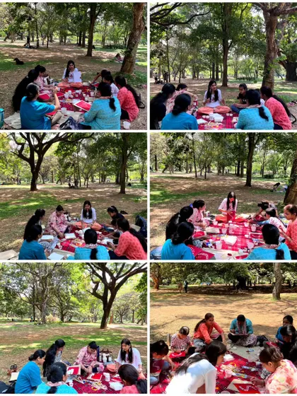 A collage capturing the atmosphere of our Warli painting workshop. These outdoor sessions are a perfect blend of a relaxed picnic and a focused art class.