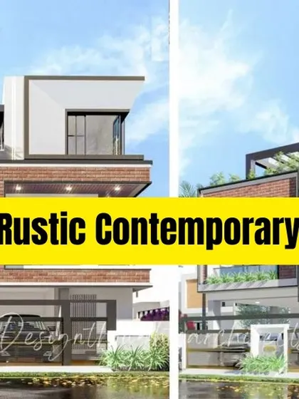 This image is part of a carousel showcasing different contemporary house designs, this one featuring a rustic contemporary style with exposed brick and clean white planes.