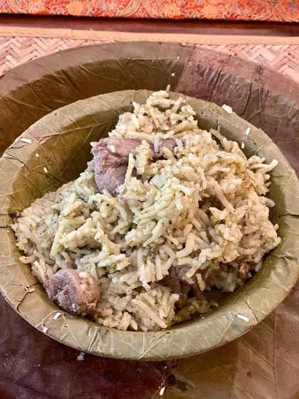 Another shot of my Bannur Mutton Palav from the 'We The Chefs' pop-up, served traditionally in a leaf bowl.