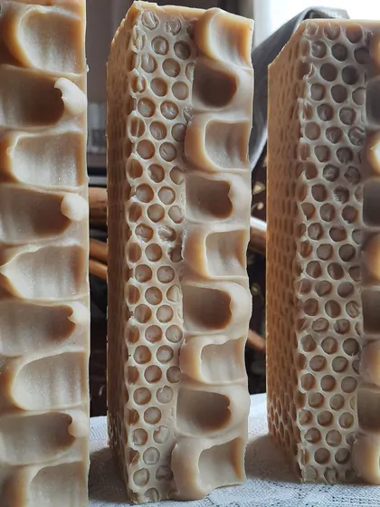 I call these my towers of Goatmilk, Oats, and Honey soap. The honeycomb texture is not just for looks; it feels wonderful on the skin. This soap is unscented and exceptionally gentle.