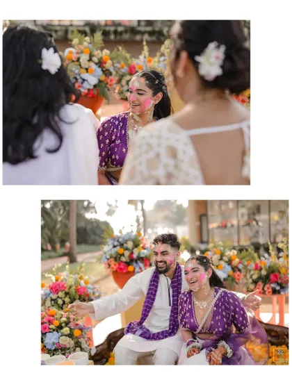 A collage of candid moments from a fun-filled Haldi ceremony.