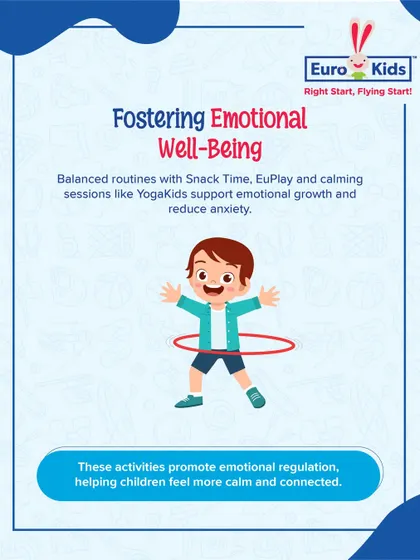Fostering emotional well-being is key. Our balanced routines, which include snack time, play, and calming yoga sessions, help support emotional growth and reduce anxiety in young children.