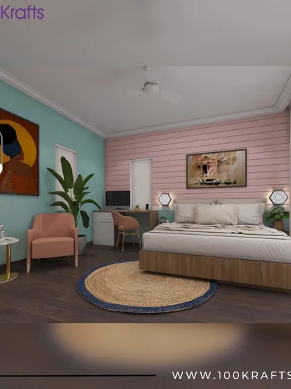 A bedroom from our 'Bohemian Fusion' concept. The room uses a playful color palette of pink and teal, with eclectic art and a natural jute rug to create a vibrant, free-spirited vibe.