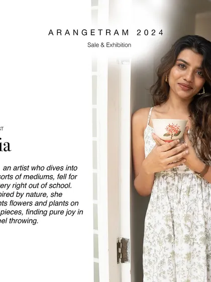 Ria, an artist inspired by nature, explores the botanical diversity of Kerala in her Arangetram collection. Her work features delicate flower paintings using underglaze on ivory clay, creating pieces that are filled with creativity and joy.