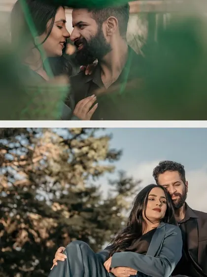 A diptych showing two intimate moments from a Mussoorie pre-wedding shoot. One frame captures a close, loving glance, while the other shows a relaxed pose against the mountain foliage.