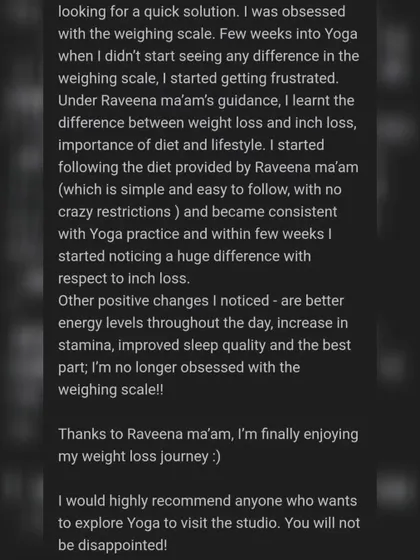 A student review explaining her journey from being obsessed with the weighing scale to understanding the difference between weight loss and inch loss. She now enjoys her journey with better energy and sleep.