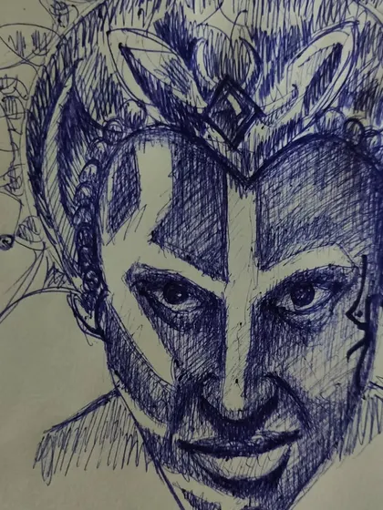 A close-up of a more fantastical portrait sketch. This shows how I experiment with different character types, blending human features with imaginative, otherworldly elements and headwear.