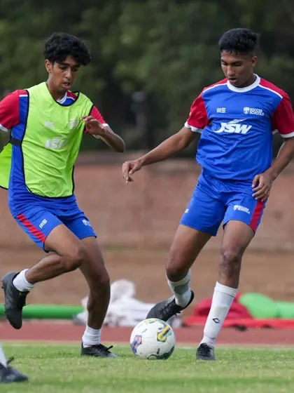 Two U19 players compete for the ball during a training match at the Inspire Institute of Sport. Our elite squads train at world-class facilities.