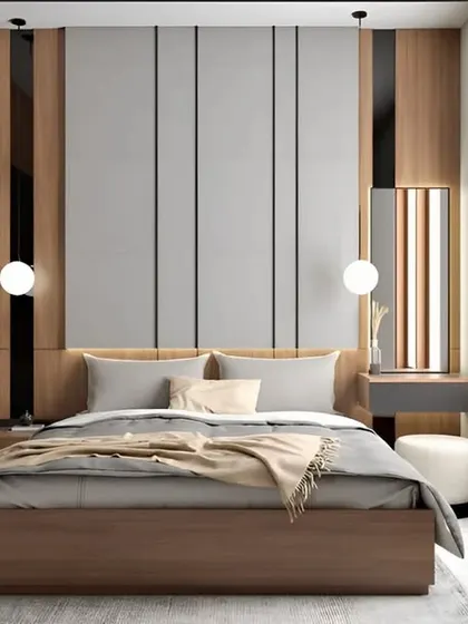 This bedroom design features a sleek, modern aesthetic with a grey and wood color scheme. The integrated wardrobe and vanity table create a seamless and uncluttered look, ideal for smaller spaces.
