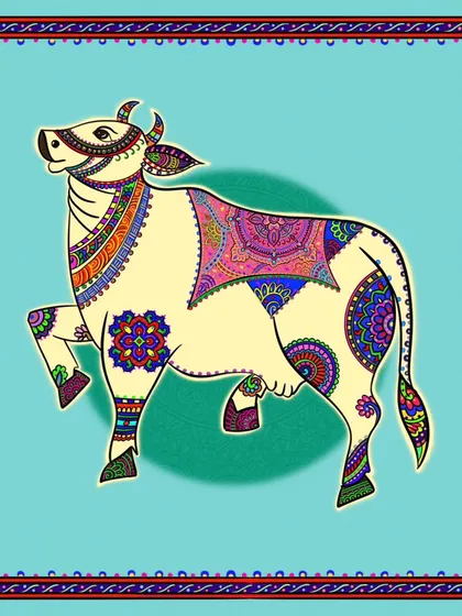 The Kamdhenu cow illustration presented against a bright turquoise background, making the vibrant patterns pop.