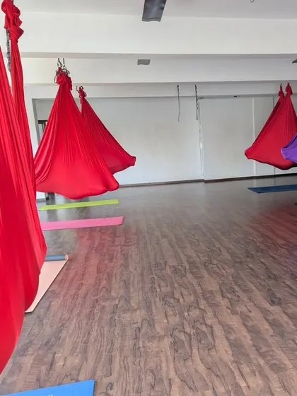 Our studio, ready for an aerial yoga class. The colorful hammocks hang waiting to support, challenge, and inspire our students.