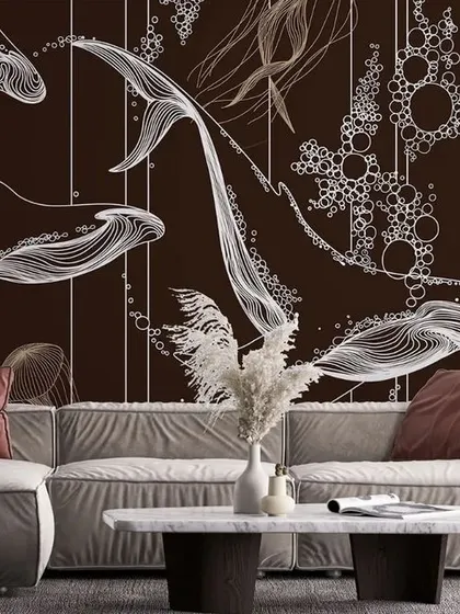 This mockup shows an elegant line-art wallpaper featuring whales and jellyfish on a light background. The delicate, flowing lines create a sense of movement and artistry.
