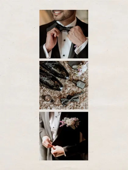 A triptych of the groom's details: adjusting his bow tie, his polished shoes, and buttoning his tuxedo.