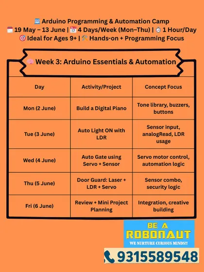 Week 3 of our Arduino Programming Camp is all about essentials and automation. Kids will build a digital piano, an auto-light, and a laser door guard.