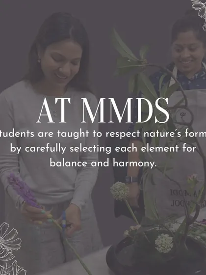 Two students work together, learning to respect nature's forms. They are carefully selecting each element for balance and harmony, a core principle of Ikebana.