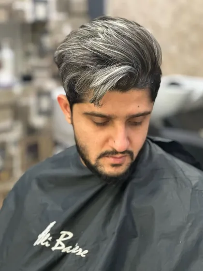 Men's fashion starts with great hair. This silver color is sharp, modern, and expertly crafted for a high-fashion look.