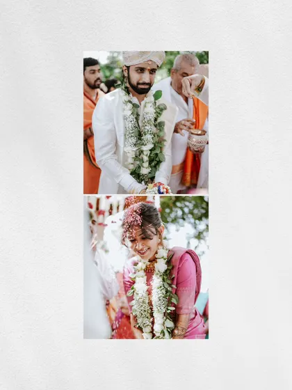 A vertical diptych showing the groom and bride during the 'talambralu' ritual, their joyful expressions perfectly captured.