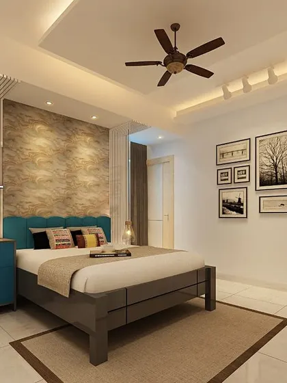 Another angle of the bedroom concept, showing a dedicated study area with open shelving and a textured stone-like wall panel behind the bed.