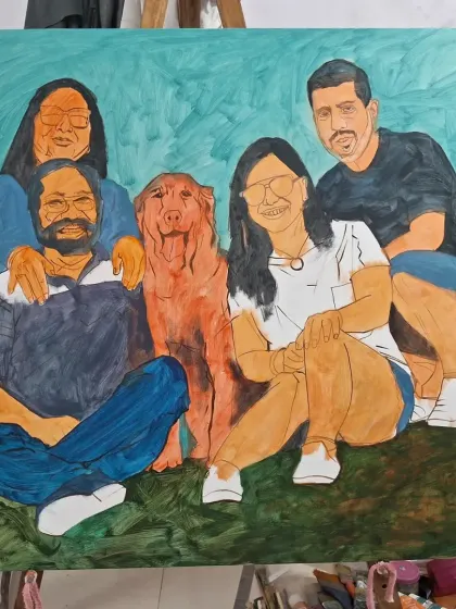 A work-in-progress shot of a family portrait. The base colors have been applied, establishing the overall color harmony and setting the stage for the detailed work to follow.