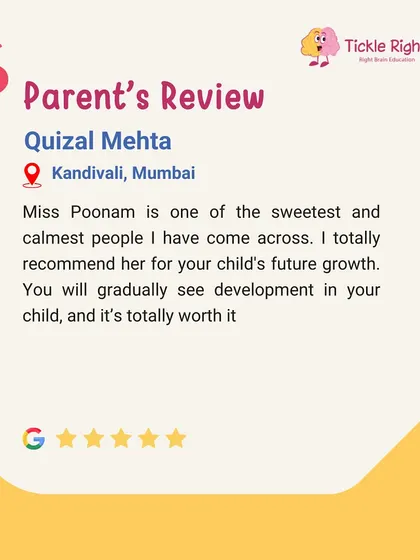 "Miss Poonam is one of the sweetest and calmest people I have come across. I totally recommend her for your child's future growth." Thank you, Quizal Mehta from Kandivali, for your trust in our trainers.