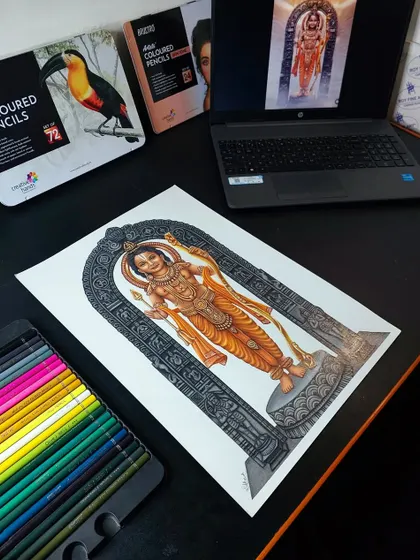 Another shot of the completed Ram Lalla artwork on my desk, next to the tools I used. It's a reminder of the long hours and dedication that go into each piece.