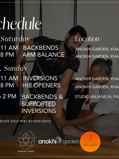 Our workshop schedule with Srinatha Sir, detailing sessions on backbends, arm balances, inversions, and hip openers at both our Khar garden and a partner studio.