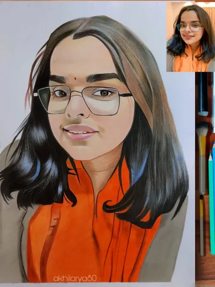 This A4 colored pencil portrait of a girl with glasses has a warm, friendly feel. The orange scarf adds a nice pop of color to the drawing.