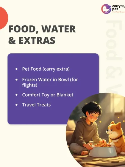 Part of the checklist: Food, Water, and Extras. Carry extra pet food, a comfort toy or blanket, and freeze water in the bowl for flights to prevent spills.