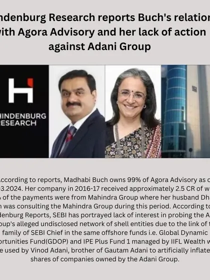 Hindenburg Research has reported on the SEBI Chief's alleged links to Agora Advisory and a lack of action against the Adani Group, suggesting a potential conflict of interest due to family links with offshore funds.