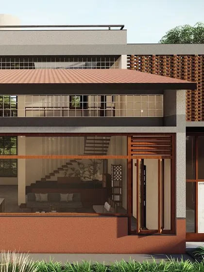 **Of Courtyards and Corners, Ahmedabad:** This rendering showcases the home's interactive openings and material palette, including brick screens and foldable windows. These elements are designed to bring in natural light and ventilation.