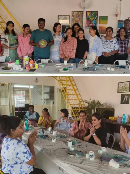 A collage from a fun day of art, showing participants clapping and proudly displaying their finished resin and dot mandala pieces. The smiles say it all!