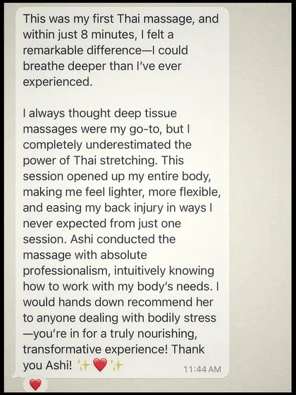 A powerful testimonial from a friend who experienced my Thai massage bodywork for the first time. She describes breathing deeper than ever and feeling her whole body open up.