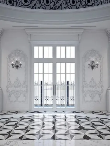 The grand, double-height entrance hall with Corinthian columns and geometric marble flooring, setting a tone of pure opulence.