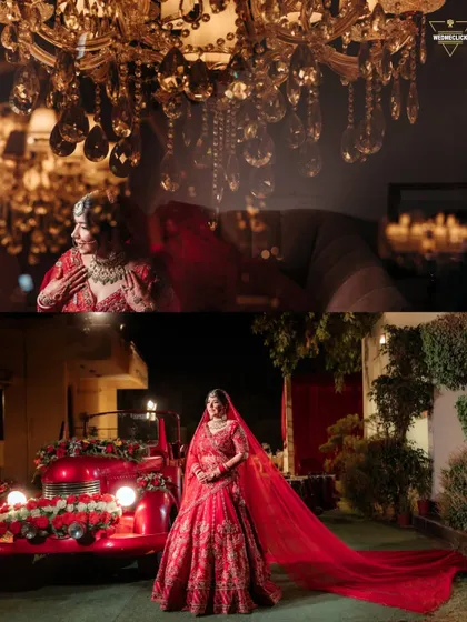 A collage showing the bride posing by a vintage red car and under a crystal chandelier, highlighting her glamorous style.