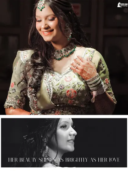 A diptych of Ekta from her Mehndi, combining a color portrait with a black and white profile shot.