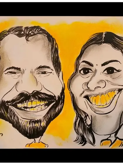 A commissioned quick caricature for a couple, done with a vibrant yellow background.
