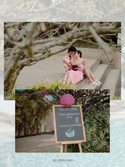 A collage capturing the relaxed, vacation-like atmosphere of a poolside pre-wedding shoot, complete with fun details like a welcome drink menu.