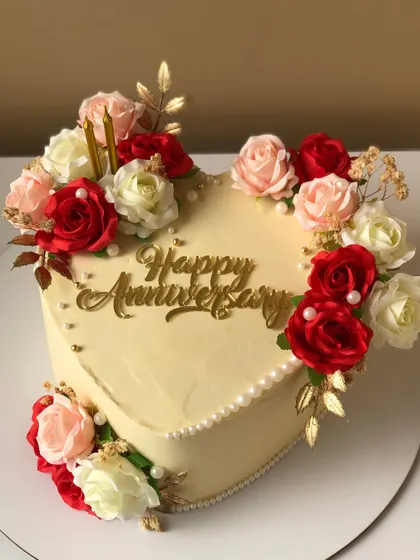 A side view of the heart-shaped anniversary cake, showing the pearl border detail.