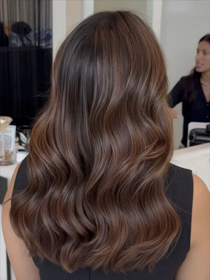 This is what I call butter brown. It's a classic brown with a modern, glossy twist, styled into uniform waves that show off the incredible shine and depth.
