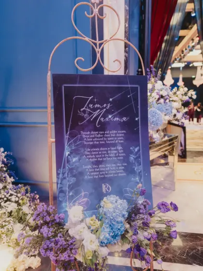 The welcome signage for the Sangeet, beautifully designed with a celestial theme and surrounded by a bed of purple and blue hydrangeas.