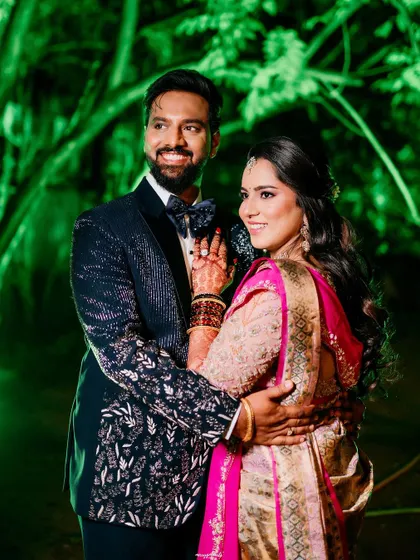 A beautiful outdoor shot of the couple. The bride's makeup is perfectly balanced for both indoor and outdoor lighting.