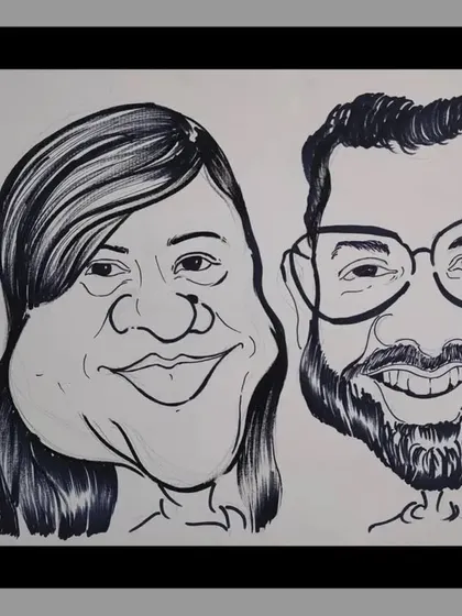 A classic black and white couple caricature, focusing on clean lines and expressive faces.
