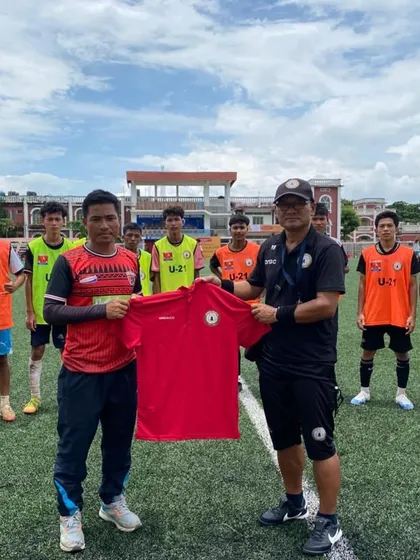 Presenting a Sudeva jersey to a local partner during our Tripura trials. Collaboration is key to building a strong football ecosystem.
