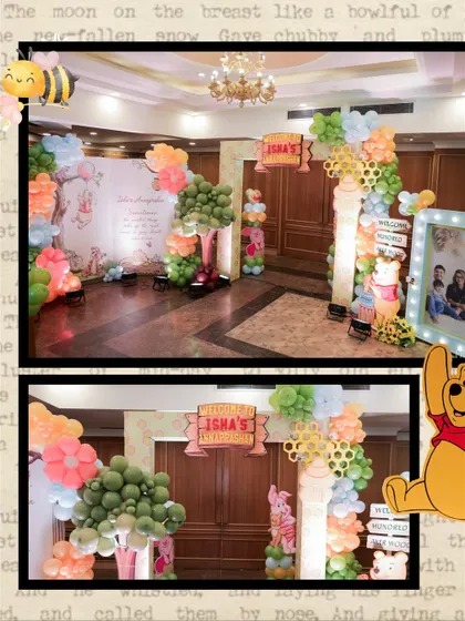 A collage showing different angles of the Winnie the Pooh party entrance decor.
