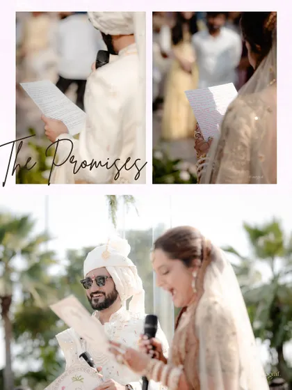 "The Promises." A collage showing the bride and groom reading their personal vows to each other during the ceremony, a modern and heartfelt addition to tradition.