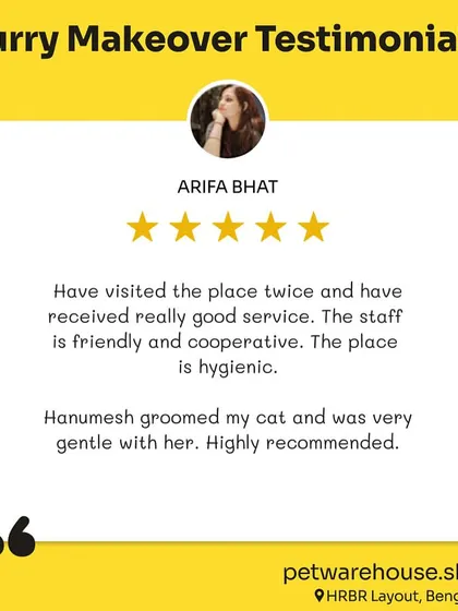 Arifa Bhat was so pleased with her cat's grooming that she highly recommended our groomer, Hanumesh, for his gentle handling. We ensure our feline clients get specialized, patient care.