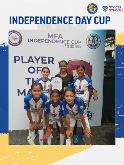 Our U15 girls team after a successful run in the MFA Independence Cup group stages, with one player recognized as 'Player of the Match'.