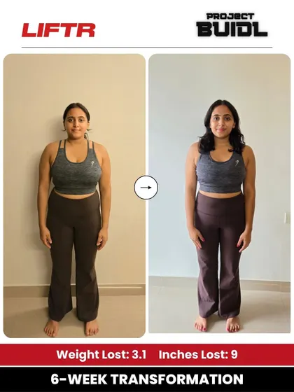 Durga was working out regularly but saw no results until she joined us. This front-view comparison shows her 3.1 kg weight loss and 9-inch reduction.